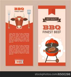 BBQ. Vector illustration.. BBQ. Finest beef. A juicy steak roasting on the grill. Vector illustration, flyer template with space for text. The emblem of the cow&rsquo;s head and the cooking fork and spatula. Yummy. Meat of the best quality.