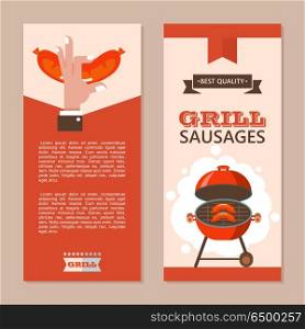 BBQ. Vector illustration.. BBQ. Finest beef. Delicious sausages are grilled. Vector illustration, flyer template with space for text. Emblem. Hand holding a mouth-watering fried sausage. Yummy. Best quality.
