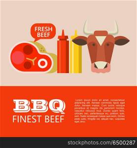 BBQ. Vector illustration.. BBQ. Finest beef. Vector clip art. Cow head, beautiful delicious steak, mustard and ketchup. Illustration with space for text.