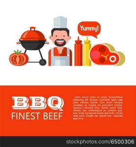 BBQ. Vector illustration.. BBQ. Finest beef. Vector illustration of set of symbols. Happy cook, beautiful fresh steak, barbecue, mustard and ketchup, tomato. Yummy. Illustration with space for text.
