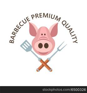 BBQ. Vector illustration.. Premium quality barbecue. Vector emblem, logo. Pig&rsquo;s head. Crossed chef fork and shovel. Pork of the highest quality.