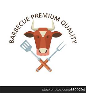 BBQ. Vector illustration.. Premium quality barbecue. Vector emblem, logo. The head of a cow. Crossed chef fork and shovel. Beef of the highest quality.