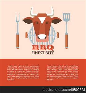 BBQ. Vector illustration.. Premium quality barbecue. Vector emblem, logo. The head of a cow. Chef&rsquo;s fork and shovel, grill. Finest beef.