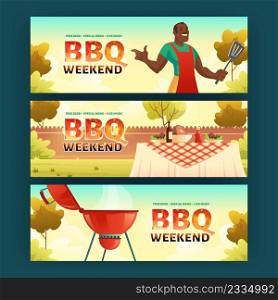 BBQ weekend cartoon banners with african american man in apron cooking on grill machine. Barbecue picnic on summer lawn in park or garden, invitation for outdoor backyard holiday party, Vector cards. BBQ weekend cartoon banners with man cook on grill