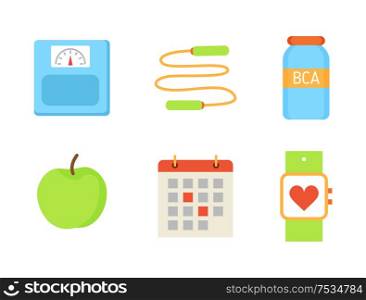 Bcaa vitamin and ripe apple fruit. Bottle with food supplement isolated icons, weight calendar with training days. Wristband with heart rate vector. Bcaa Vitamin and Apple Fruit Vector Illustration