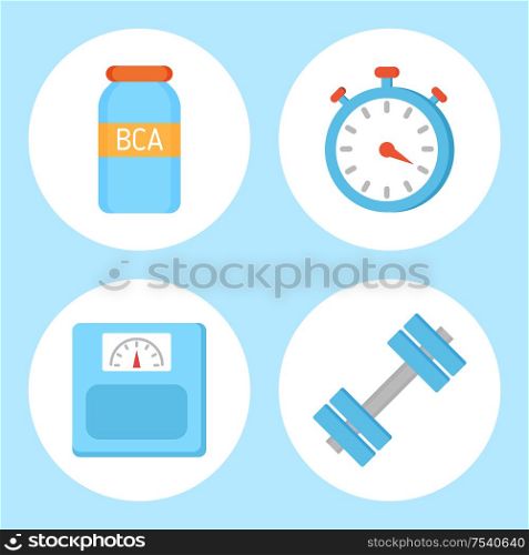BCAA vitamin and timer set isolated icons. Weight device measuring kilo, dumbbells for muscles growth. Sport equipments for training, exercices vector. BCAA Vitamin and Timer Set Vector Illustration