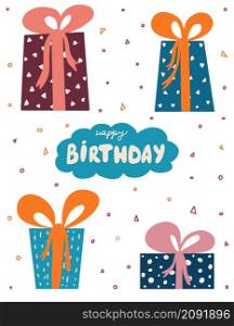 Bday presents flat heap greeting card template with gift boxes and lettering. Design of banner postcards packaging.. Bday presents flat heap greeting card template with gift boxes and lettering