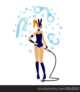 BDSM mistress flat concept vector illustration. Erotic play. Sexual foreplay. Woman in latex costume with whip. Dominatrix 2D cartoon characters for web design. Subculture creative idea. BDSM mistress flat concept vector illustration