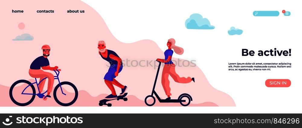 Be active and physical activity. Sports and recreation concept with cartoon character. Flat vector illustration landing page healthy lifestyle. Be active and physical activity. Sports and recreation concept with cartoon character. Flat vector landing page