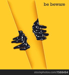 Be beware. Funny poster template for Halloween. Two scaring hands crawl out of the gap. Vector design elements. Be beware. Funny poster template for Halloween. Two scaring hands crawl out of the gap. Vector graphics design