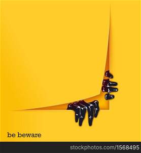 Be beware. Funny poster template for Halloween. Two scaring hands crawl out of the gap. Vector design elements. Be beware. Funny poster template for Halloween. Two scaring hands crawl out of the gap. Vector graphics design