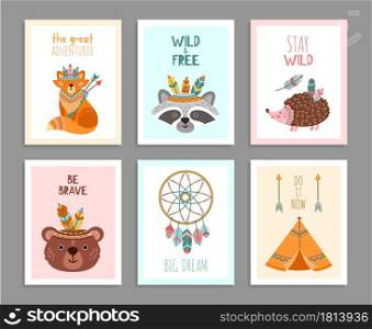 Be brave posters. Woodland wild animals, tribal arrows child fun birthday card. Happy forest adventure raccoon fox deer vector illustration. Tribe raccoon and grizzly, wild indian hedgehog. Be brave posters. Woodland wild animals, tribal arrows child fun birthday card. Happy forest adventure raccoon fox deer vector illustration