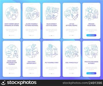 Be good to yourself ways blue gradient onboarding mobile app screen set. Walkthrough 5 steps graphic instructions pages with linear concepts. UI, UX, GUI template. Myriad Pro-Bold, Regular fonts used. Be good to yourself ways blue gradient onboarding mobile app screen set