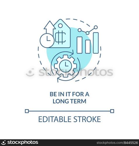Be in it for long term turquoise concept icon. Investment Cryptocurrency tip abstract idea thin line illustration. Isolated outline drawing. Editable stroke. Arial, Myriad Pro-Bold fonts used. Be in it for long term turquoise concept icon