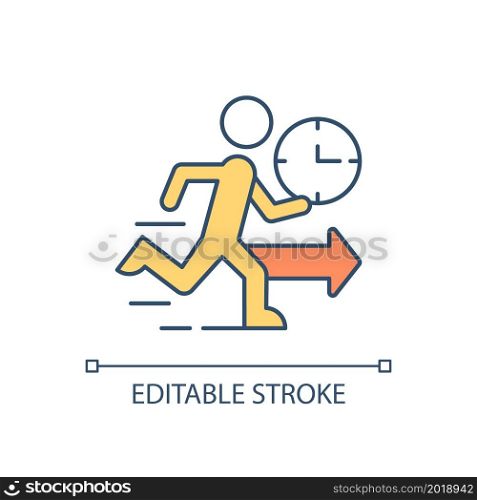 Be in rush RGB color icon. Running person. Urgency. Hustle and bustle. Moving quickly. Trying to be on time. Hurry up. Isolated vector illustration. Simple filled line drawing. Editable stroke. Be in rush RGB color icon
