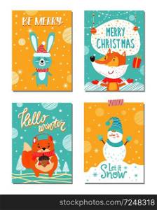 Be merry and let it snow, hello winter, posters dedicated to Christmas theme, images with rabbit and fox, squirrel and snowman on vector illustration. Be Merry and Let It Snow on Vector Illustration