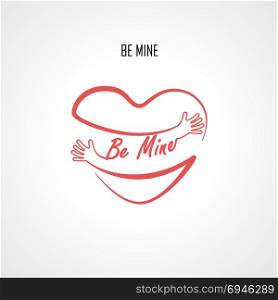 ""Be Mine" typographical design elements and Red heart shape with hand embrace.Hugs and Love yourself sign.Health and Heart Care icon.Happy valentines day concept.Healthcare & medical concept.Vector illustration"