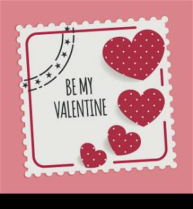 Be my Valentine card with stamp and hearts illustration