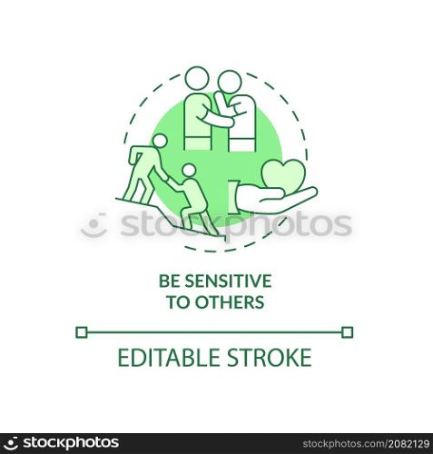 Be sensitive to others green concept icon. Building friendships abstract idea thin line illustration. Isolated outline drawing. Editable stroke. Roboto-Medium, Myriad Pro-Bold fonts used. Be sensitive to others green concept icon