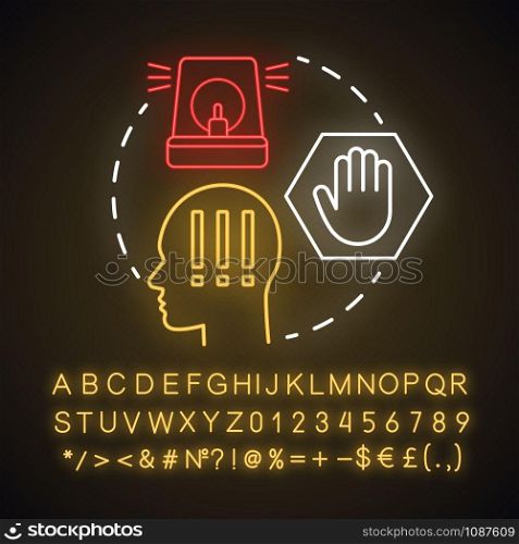 Be skeptical neon light concept icon. Ability to stop in time. Scepticism. Hazard warning of people. Decision making idea. Glowing sign with alphabet, numbers and symbols. Vector isolated illustration
