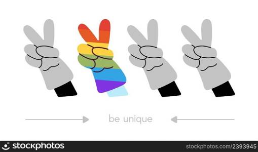 Be unique. Positive banner with hands. Happy greetings signs, grey and rainbow colors. Cool motivational poster, creative people support vector. Illustration of unique human positive inspiration. Be unique. Positive banner with hands. Happy greetings signs, grey and rainbow colors. Cool motivational poster, creative people support vector concept