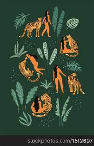 Be wild. Vector illustrations of woman with leopard and tropical leaves. Trendy design for card, poster, t shirt and other use.. Be wild. Vector illustrations of woman with leopard and tropical leaves.