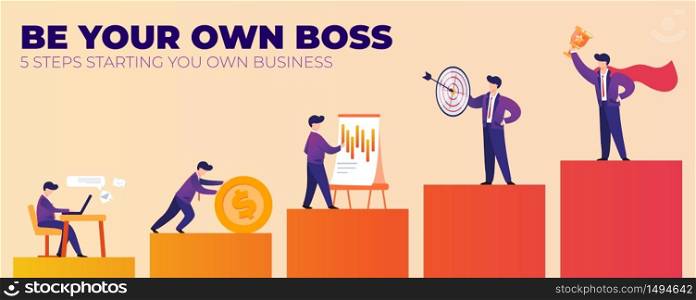 Be Your Own Boss 5 Steps Starting You Own Business. Flat Banner Vector Illustration. Steps Career Growth, Man Sits and Works on Laptop, Highest Step Man in Business Suit Holds Prize Cup.