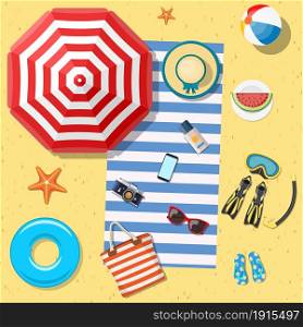 Beach Accessories top lay view on sand. Striped towel, umbrella, flip flops, flippers, float ring, snorkeling mask, bag, sunglasses, sun cream, hat, watermelon Vector illustration in flat style. Beach Accessories top view on sand.