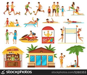 Beach Activities Decorative Icons Set. Beach activity decorative icons set with people sport games sunbathing ice cream bar bungalow isolated vector illustration