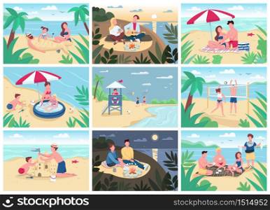 Beach activities flat color vector illustrations set. Children and adults summer vacation entertainment. Tourists sunbathing, playing volleyball, building sandcastle 2D cartoon characters