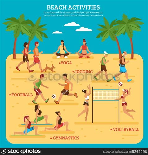 Beach Activities Infographics. Beach activities infographics with people sport games and bodily exercises on blue background flat style vector illustration