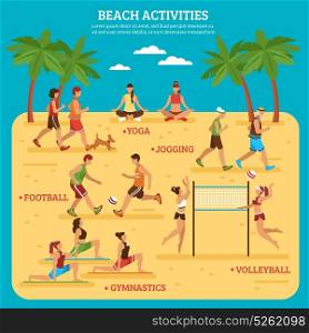 Beach Activities Infographics. Beach activities infographics with people sport games and bodily exercises on blue background flat style vector illustration