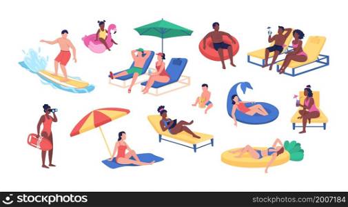 Beach activities semi flat color vector character set. Posing figures. Full body people on white. Summer isolated modern cartoon style illustration for graphic design and animation collection. Beach activities semi flat color vector character set
