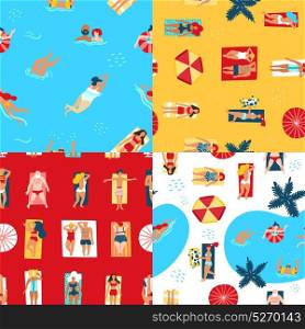 Beach And Sea Seamless Pattern. Colorful 2x2 seamless pattern set with people sunbathing on beach and swimming in sea top view flat isolated vector illustration