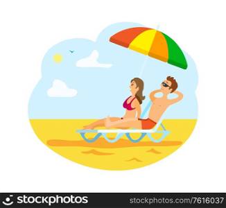 Beach and summer vacation vector, resort relaxation. Man and woman enjoying sunshine, laying under rainbow umbrella. Sand and clear sky with sun isolated. Tourism of Man and Woman, Couple on Sunny Beach