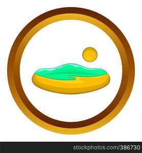 Beach and sun vector icon in golden circle, cartoon style isolated on white background. Beach and sun vector icon