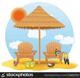 beach armchair lounger deckchair wooden and umbrella made of straw and reed for shade vector illustration isolated on white background