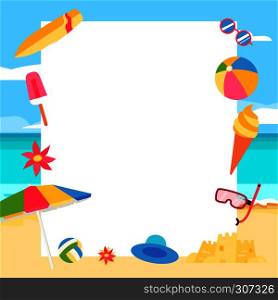 Beach background. Summer concept with cartoon elements. Summer banner concept, vector illustration. Beach background. Summer concept with cartoon elements