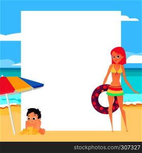 Beach background. Young girl and child. Cartoon style. Template of summer banner. Vector illustration. Beach background. Young girl and child. Cartoon style