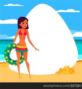 Beach background. Young girl with rubber ring. Cartoon style. Vector illustration. Beach background. Young girl with rubber ring. Cartoon style