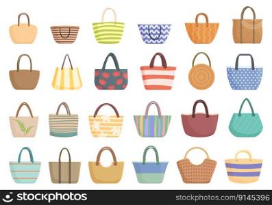 Beach bag icons set cartoon vector. Summer fashion. Travel girl. Beach bag icons set cartoon vector. Summer fashion