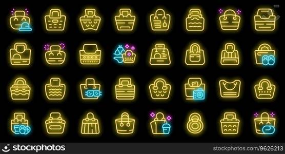 Beach bag icons set outline vector. Summer fashion. Clothes travel neon color on black isolated. Beach bag icons set vector neon