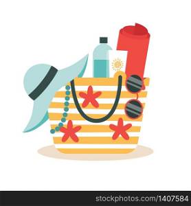Beach bag on the white background.A holiday at the sea or ocean. The concept of vacation, relaxation.Maldives, Bali.Flat vector illustration