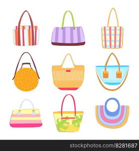 beach bag set cartoon. summer hat, sea fashion, hand girl, woman straw beach bag sign. isolated symbol vector illustration. beach bag set cartoon vector illustration