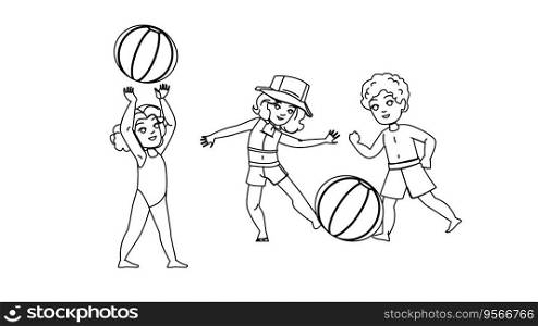 beach ball kid vector. summer fun, toy activity, holiday water, vacation child, happy inflatable beach ball kid character. people black line illustration. beach ball kid vector