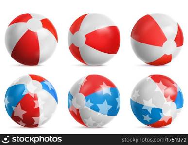Beach balls, inflatable toys for summer games of white, red and blue colors with stars pattern, isolated object, rubber bouncy balloons in different positions, Realistic 3d vector illustration, set. Beach balls, inflatable toys for summer games set
