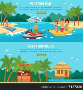 Beach banner set. Beach horizontal banner set with tropical vacation activities isolated vector illustration