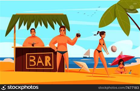 Beach bar composition with summer sea coast landscape and tent booth with cold drinks and people vector illustration