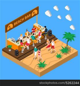 Beach Bar Isometric Composition. Beach bar in southern country isometric composition with bartenders at bar counter and resting people vector illustration