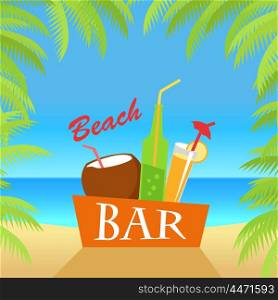 Beach bar vector flat illustration. Cold drinks for summer vacations set. Juice, coconut milk, cocktail, soda, isolated on white background. Leisure on tropical sunny beach with palm trees.